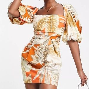 Exaggerated blouson sleeve mini dress w/tropical palm print Size 6